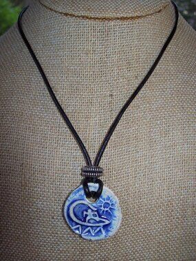 Shabby Chic Black Leather Necklace with Handmade Clay Medallion Pendant
